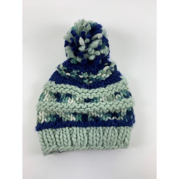 North Face Nanny Knit Beanie Blue Striped Chunky Pom Pom NF00A9EW Adult One Size - Picture 2 of 11
